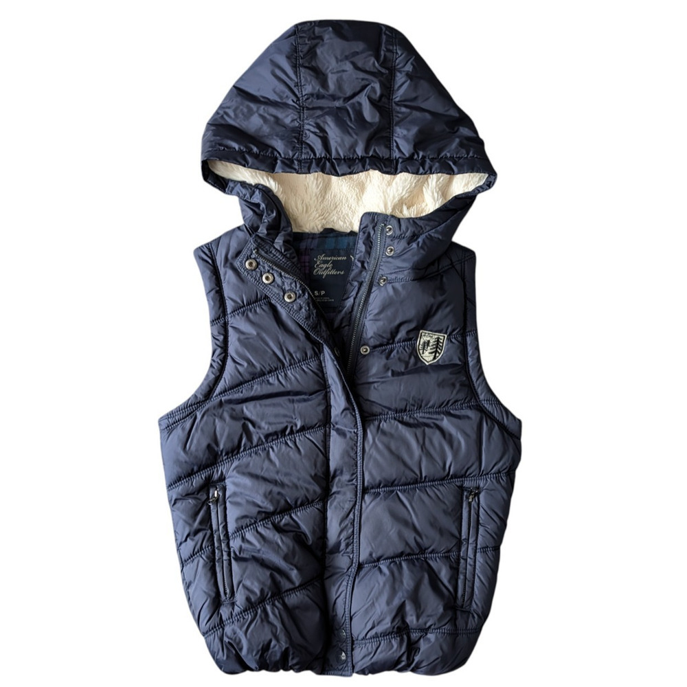 Y2K American Eagle Outfitters Navy Blue Sherpa Lined Hooded Puffer Vest Small
